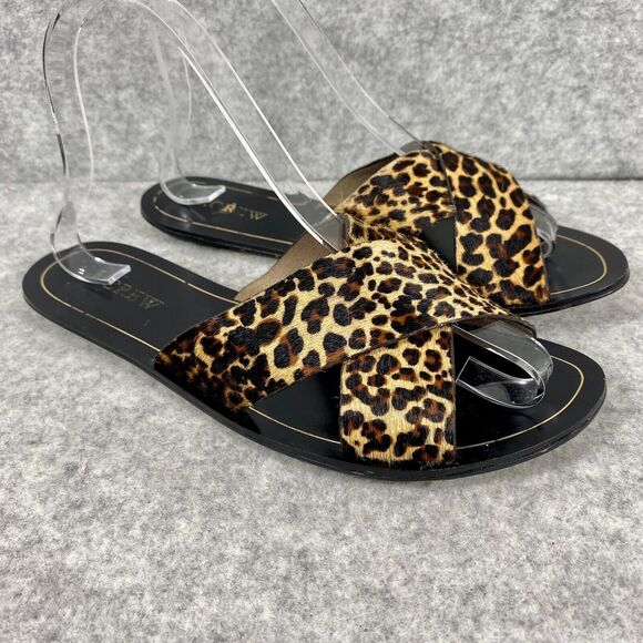 J Crew Cypress Leopard Print Calf Hair Slide Sandals Womens‎ Size 8 - Picture 1 of 9